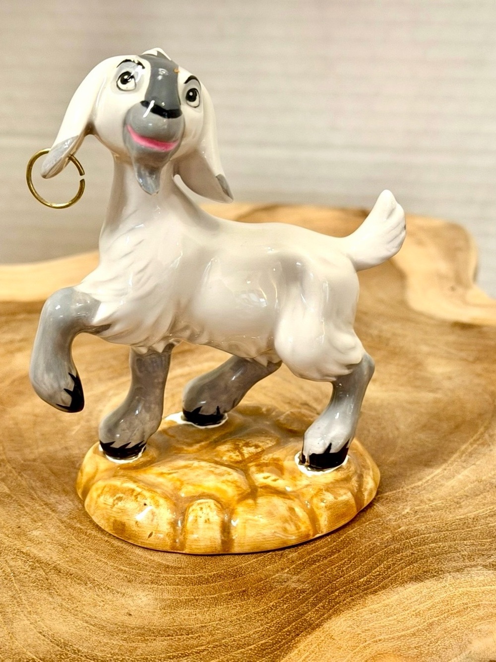 Disney Porcelain Goat Figurine in White, Gray & Gold Hoop